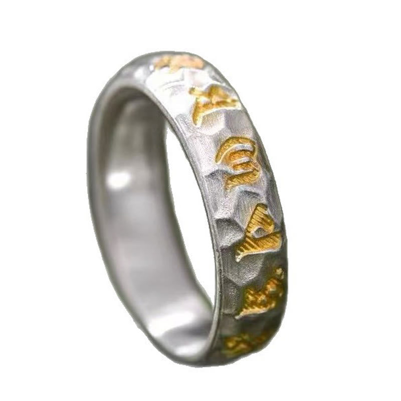 Buddha Stones Hammer Pattern Om Mani Padme Hum Copper Plated Silver Wealth Ring - image 18