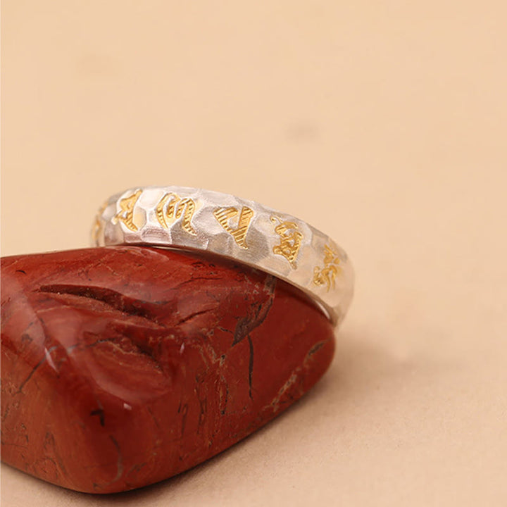 Buddha Stones Hammer Pattern Om Mani Padme Hum Copper Plated Silver Wealth Ring - image 13