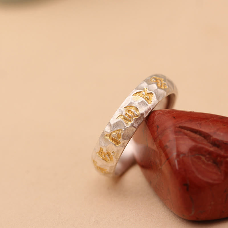 Buddha Stones Hammer Pattern Om Mani Padme Hum Copper Plated Silver Wealth Ring - image 12