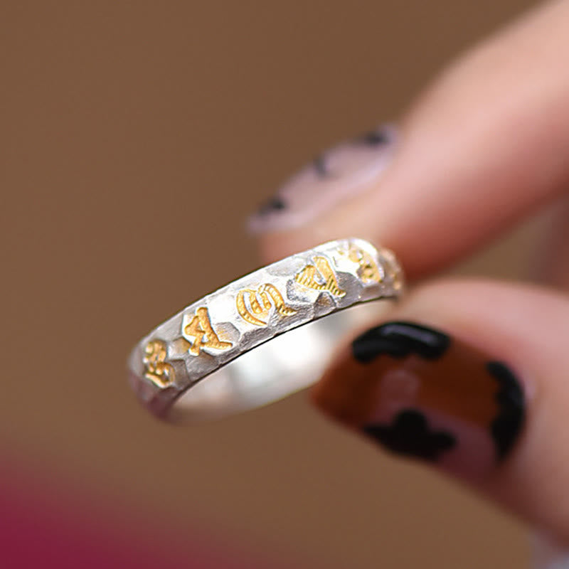 Buddha Stones Hammer Pattern Om Mani Padme Hum Copper Plated Silver Wealth Ring - image 17