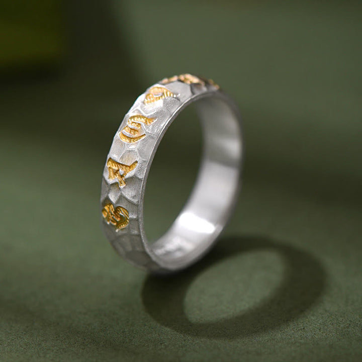 Buddha Stones Hammer Pattern Om Mani Padme Hum Copper Plated Silver Wealth Ring - image 1