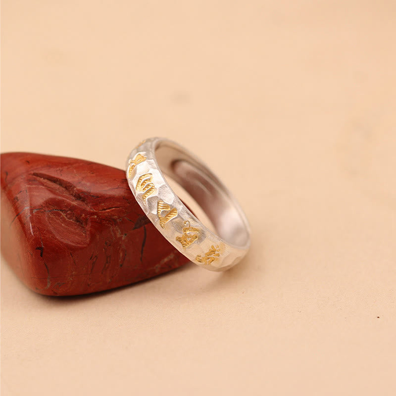 Buddha Stones Hammer Pattern Om Mani Padme Hum Copper Plated Silver Wealth Ring - image 14