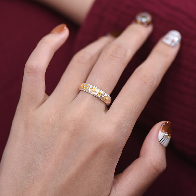 Buddha Stones Hammer Pattern Om Mani Padme Hum Copper Plated Silver Wealth Ring - image 20