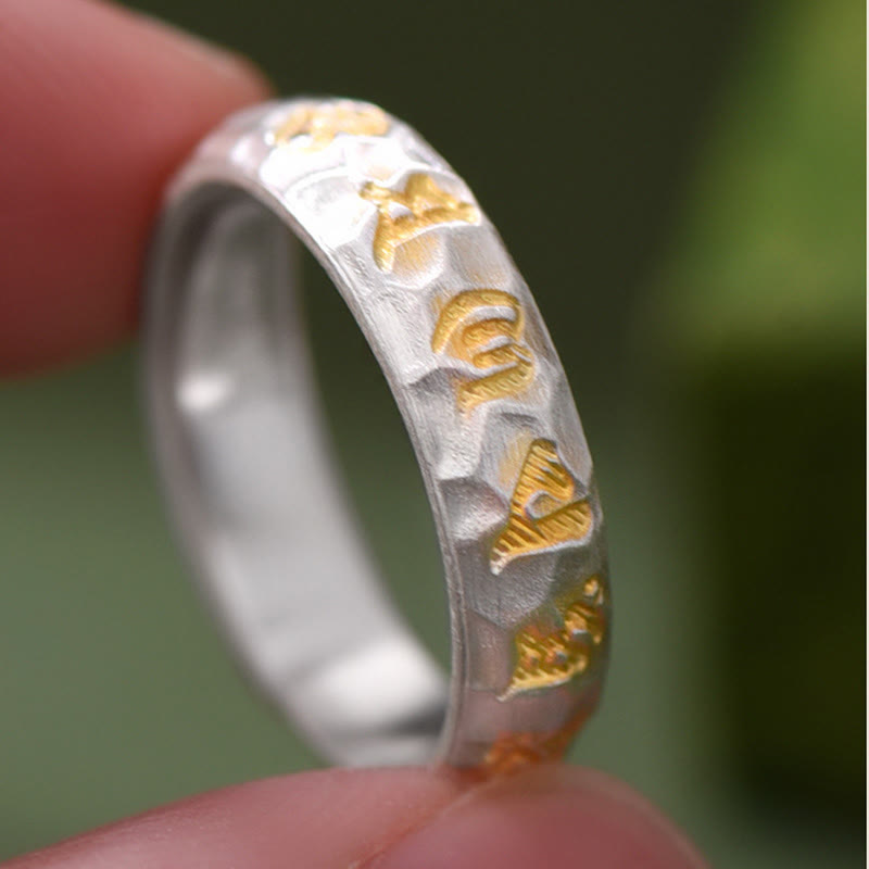 Buddha Stones Hammer Pattern Om Mani Padme Hum Copper Plated Silver Wealth Ring - image 8