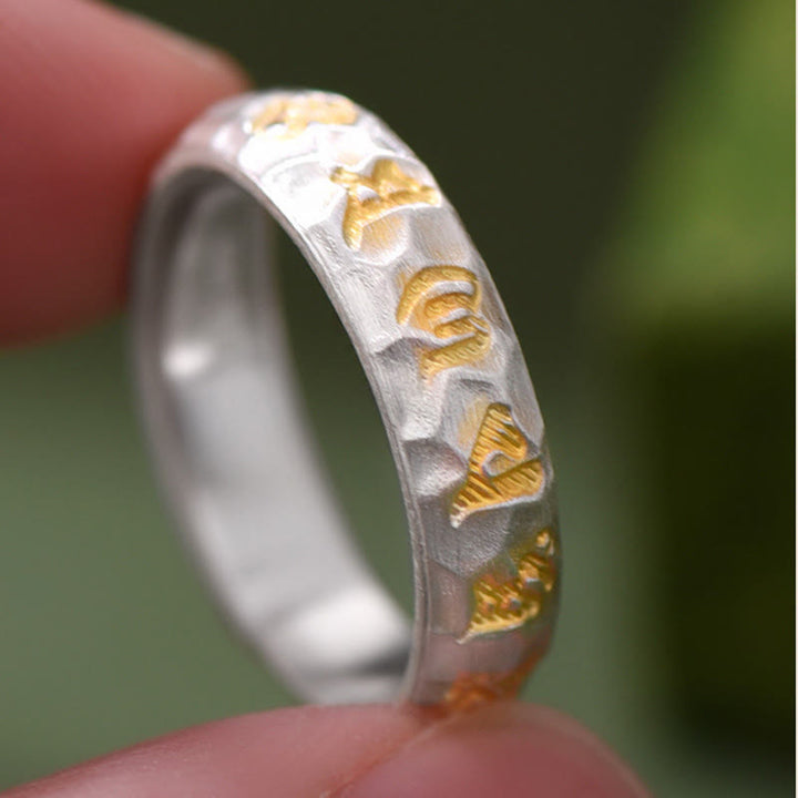 Buddha Stones Hammer Pattern Om Mani Padme Hum Copper Plated Silver Wealth Ring - image 8