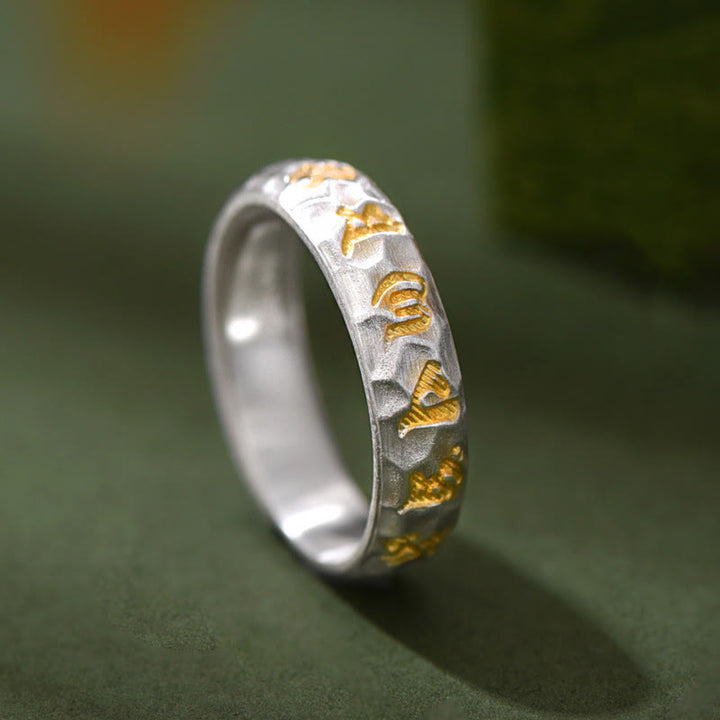 Buddha Stones Hammer Pattern Om Mani Padme Hum Copper Plated Silver Wealth Ring - Copper - image 0