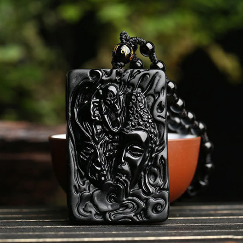 Buddha Stones Natural Black Obsidian Buddha Devil Pattern Strength Necklace Pendant - image 2