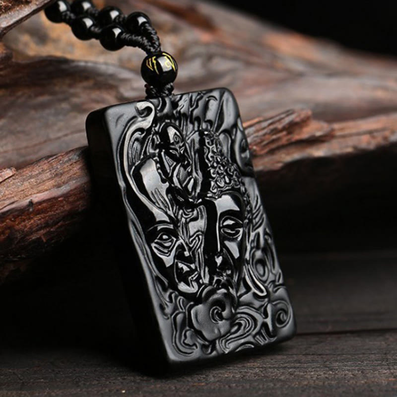 Buddha Stones Natural Black Obsidian Buddha Devil Pattern Strength Necklace Pendant - image 1