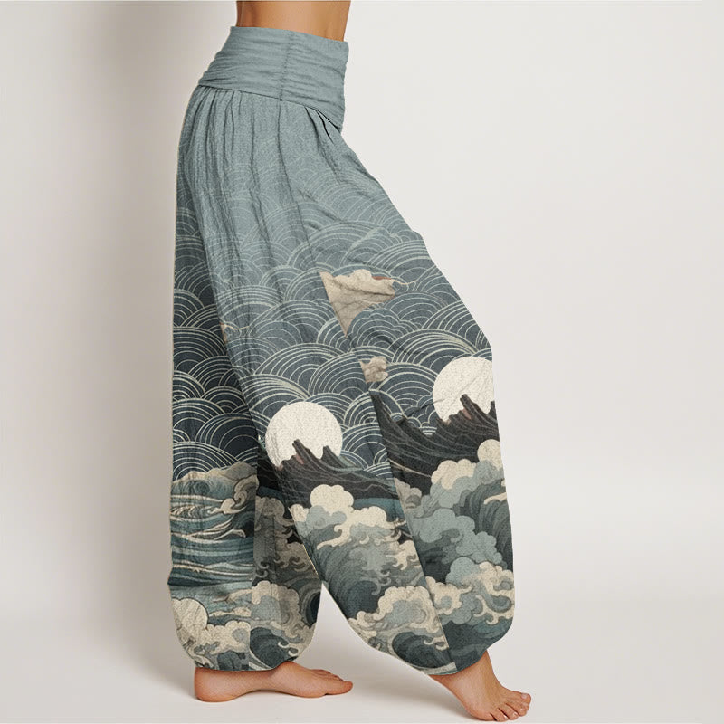 Buddha Stones Pure Cotton Casual Wave Moon Mountain Pattern Women's Elastic Waist Harem Pants - image 7