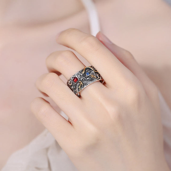 Buddha Stones Vintage Dragon Pattern Copper Plated Silver Balance Ring - image 3