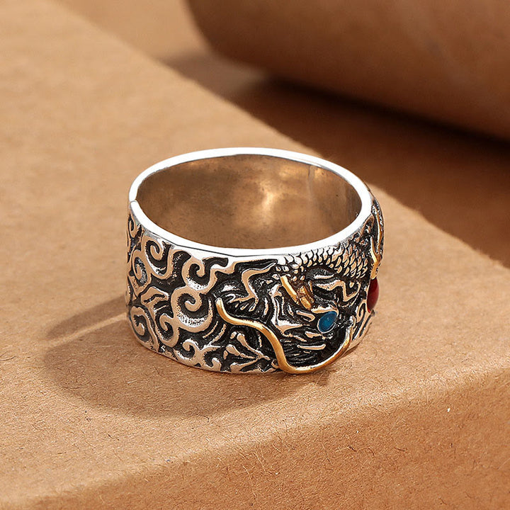 Buddha Stones Vintage Dragon Pattern Copper Plated Silver Balance Ring - image 1