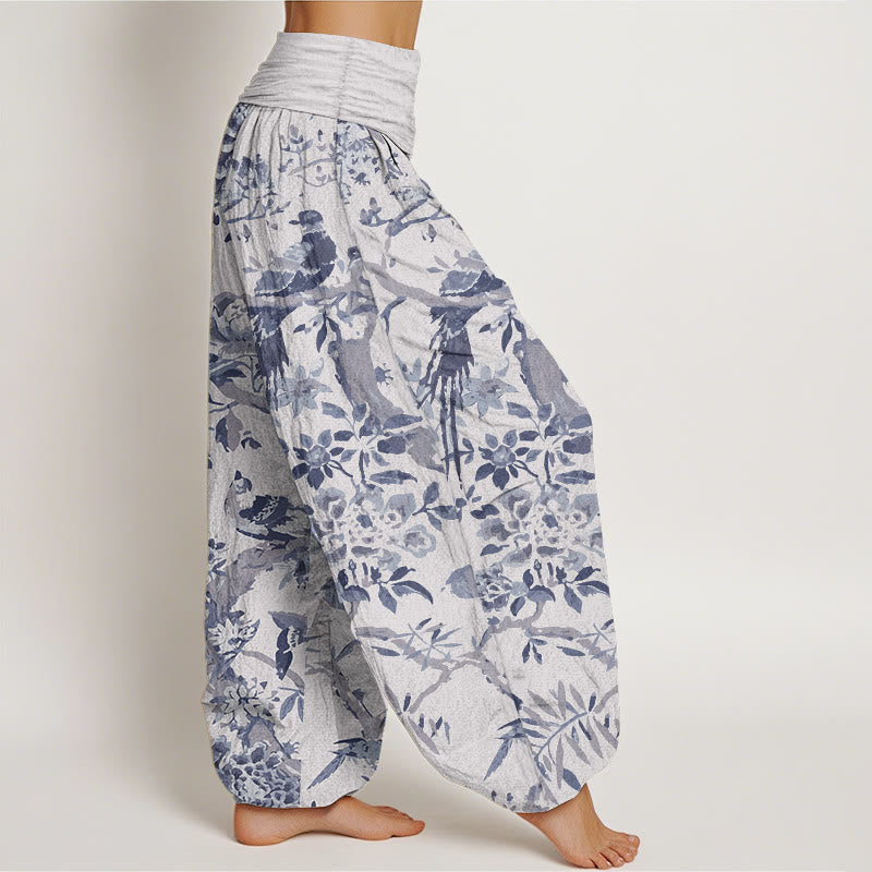 Buddha Stones Pure Cotton Birds Branches Flowers Pattern Women's Elastic Waist Harem Pants - image 10