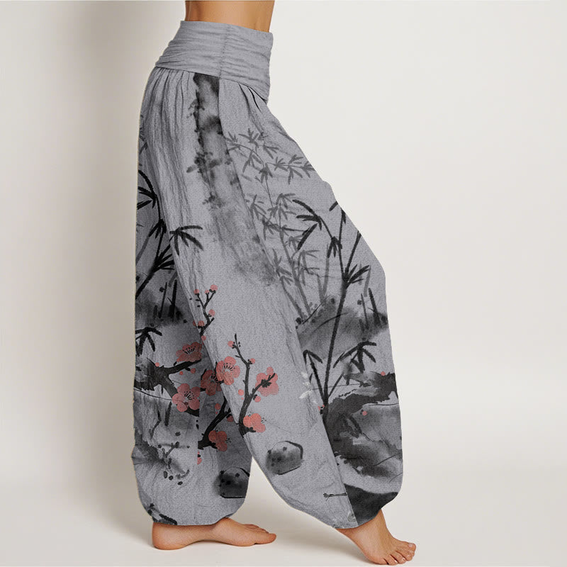 Buddha Stones Pure Cotton Plum Blossoms Bamboo Orchids Chrysanthemums Pattern Women's Elastic Waist Harem Pants - image 10