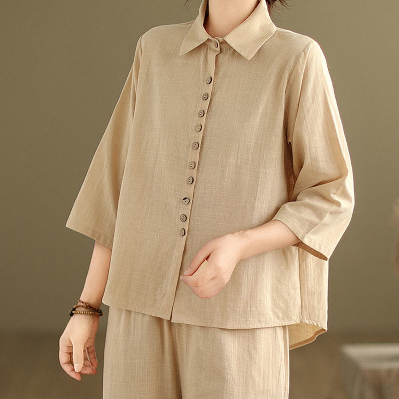 Buddha Stones 2pcs Casual Women's Stand Collar Shirt Loose Pants Meditation Clothing Set - image 5