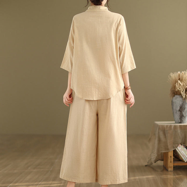 Buddha Stones 2pcs Casual Women's Stand Collar Shirt Loose Pants Meditation Clothing Set - image 4