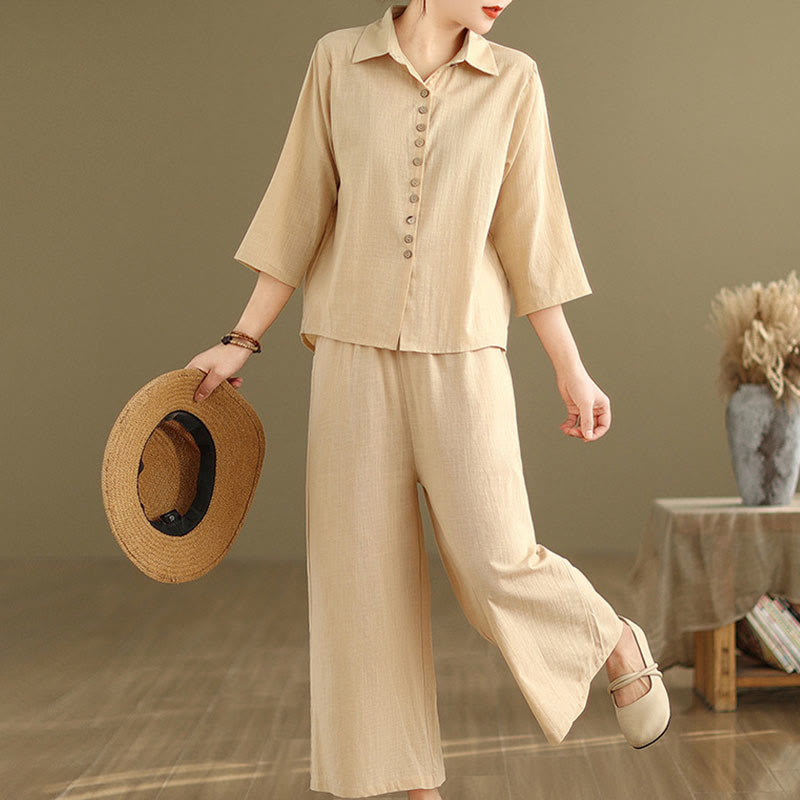 Buddha Stones 2pcs Casual Women's Stand Collar Shirt Loose Pants Meditation Clothing Set - image 2