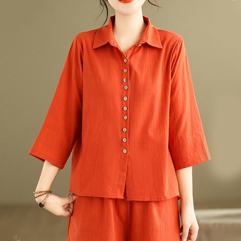 Buddha Stones 2pcs Casual Women's Stand Collar Shirt Loose Pants Meditation Clothing Set - image 15