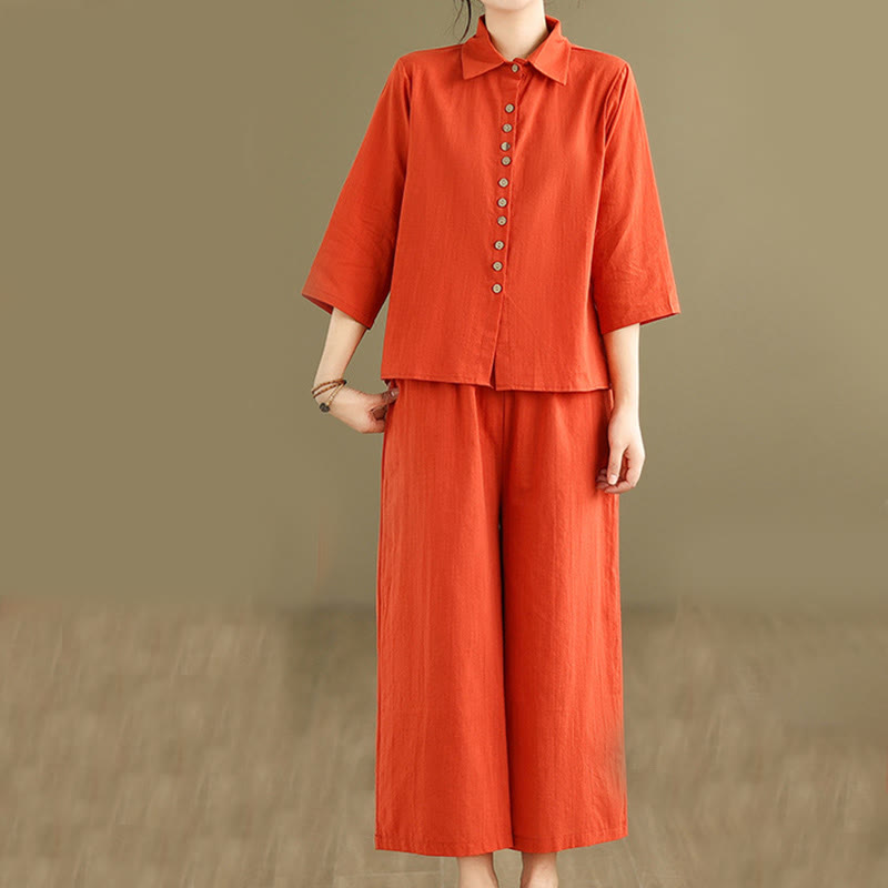 Buddha Stones 2pcs Casual Women's Stand Collar Shirt Loose Pants Meditation Clothing Set - OrangeRed - US12，UK/AU16，EU44 (2XL) - image 7