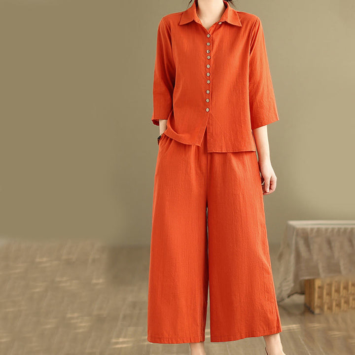 Buddha Stones 2pcs Casual Women's Stand Collar Shirt Loose Pants Meditation Clothing Set - image 9