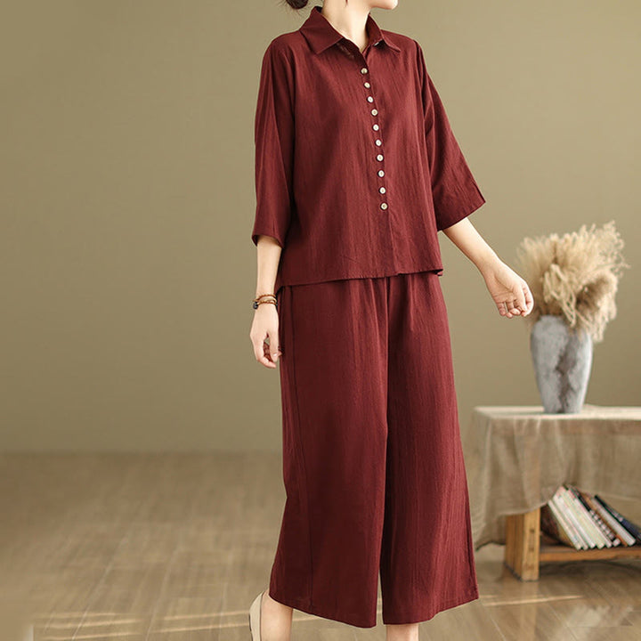 Buddha Stones 2pcs Casual Women's Stand Collar Shirt Loose Pants Meditation Clothing Set - image 22