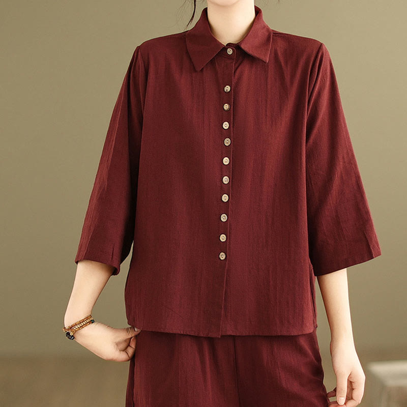 Buddha Stones 2pcs Casual Women's Stand Collar Shirt Loose Pants Meditation Clothing Set - image 25