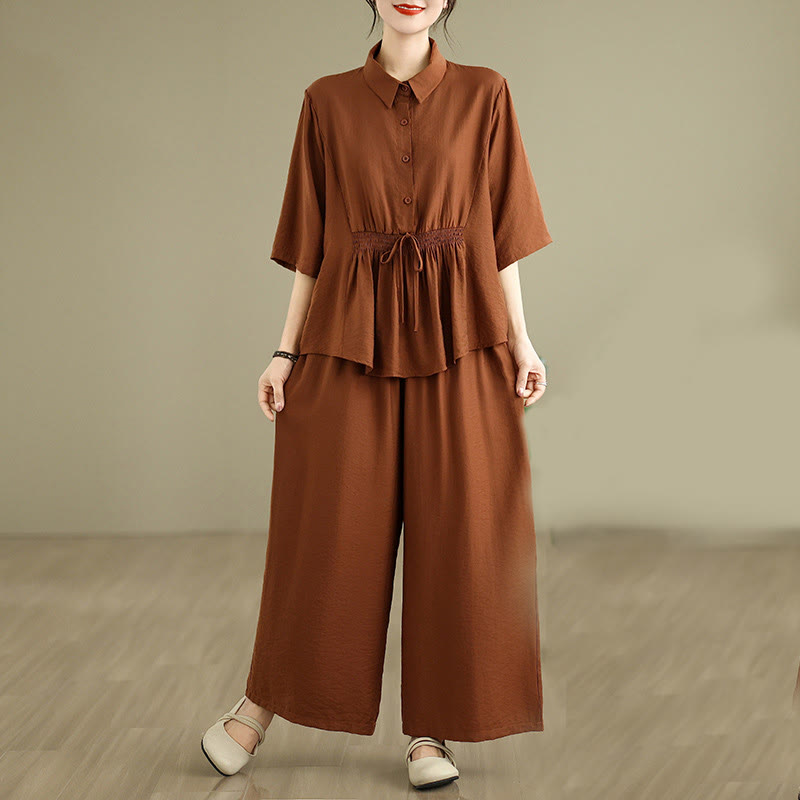 Buddha Stones 2pcs Casual Women's Stand Collar Shirt Loose Pants Meditation Clothing Set - Sienna - US12，UK/AU16，EU44 (2XL) - image 0