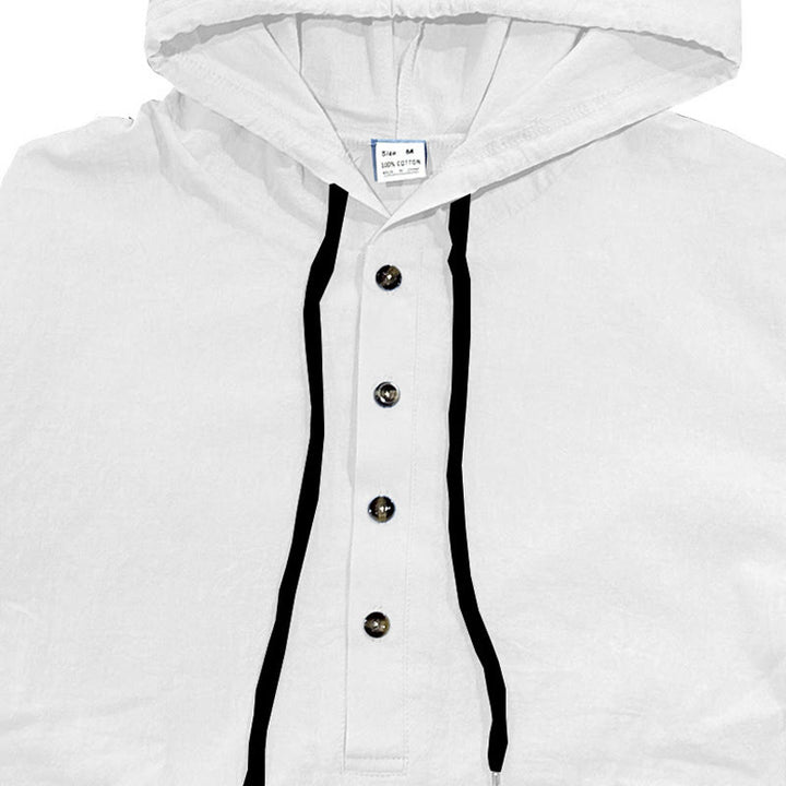 Buddha Stones Solid Color Fall Half Buttons Men's Hooded Long Sleeve Cotton Shirt - image 6