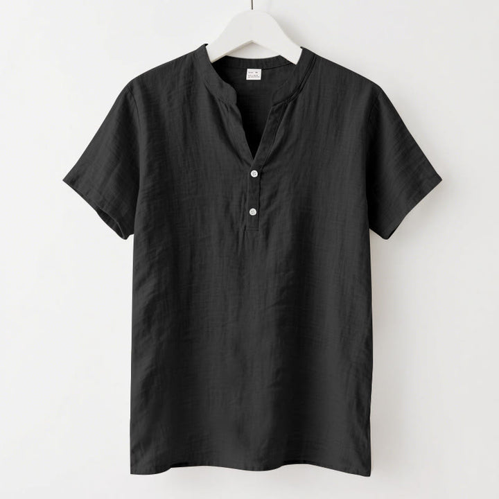 Buddha Stones Solid Summer Short Sleeve Half Buttons Linen Men's Shirt - Black - US/UK/AU46，EU56 (3XL) - image 0