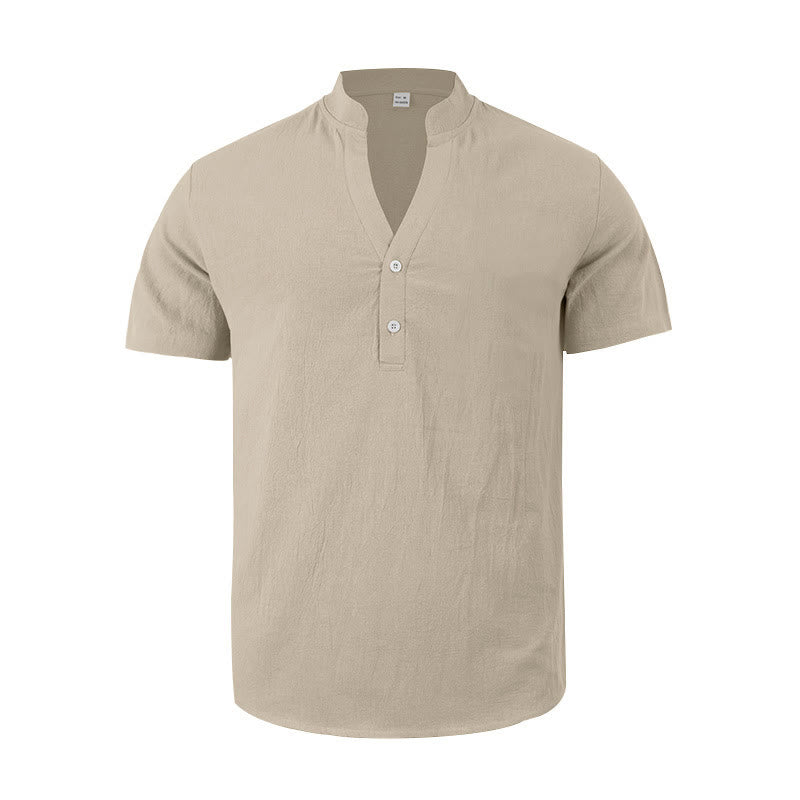 Buddha Stones Solid Summer Short Sleeve Half Buttons Linen Men's Shirt - image 13