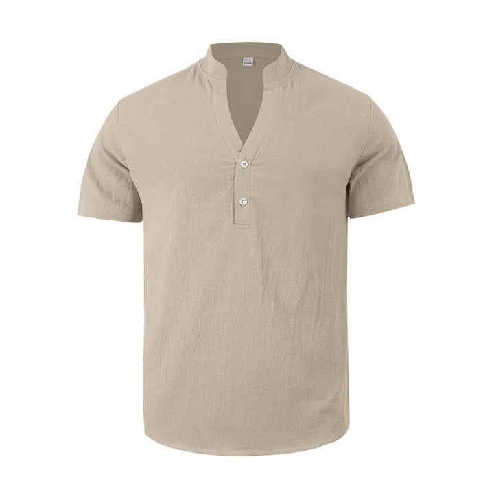 Buddha Stones Solid Summer Short Sleeve Half Buttons Linen Men's Shirt - image 13
