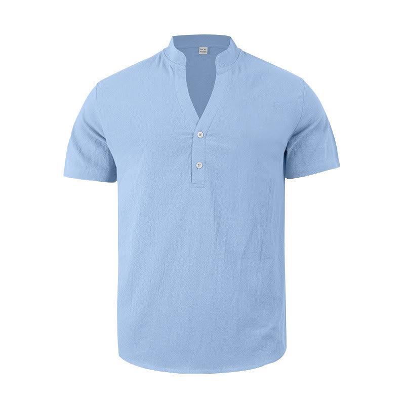Buddha Stones Solid Summer Short Sleeve Half Buttons Linen Men's Shirt - image 19