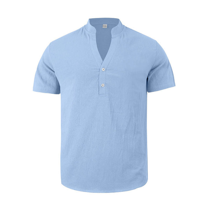 Buddha Stones Solid Summer Short Sleeve Half Buttons Linen Men's Shirt - image 19