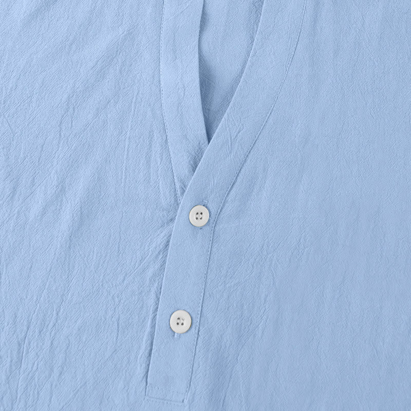 Buddha Stones Solid Summer Short Sleeve Half Buttons Linen Men's Shirt - image 21