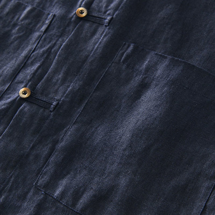 Buddha Stones Solid Summer Short Sleeve Buttons Linen Men's Shirt With Pockets - image 19