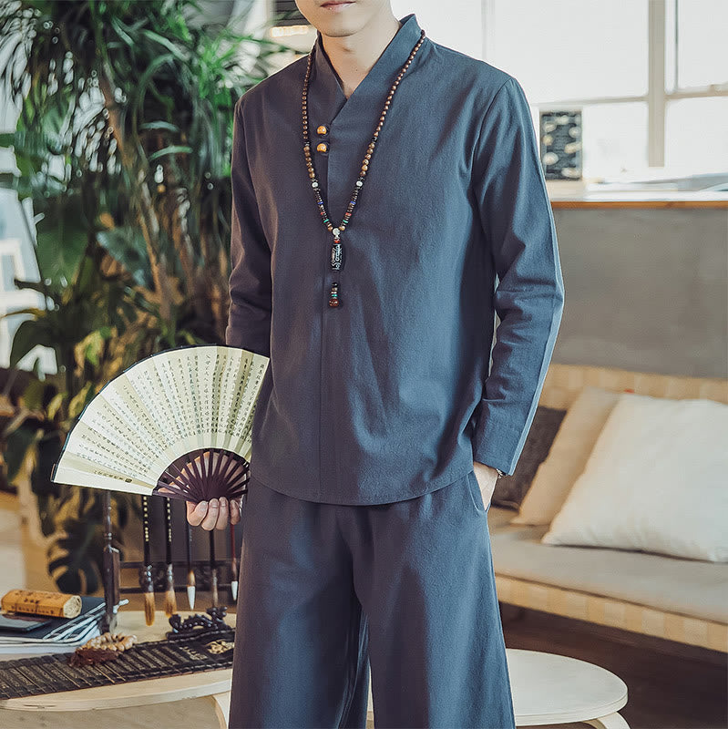 Buddha Stones 2Pcs Shirt Ankle-Length Pants With Pockets Men's Meditation Cloth Set - image 41