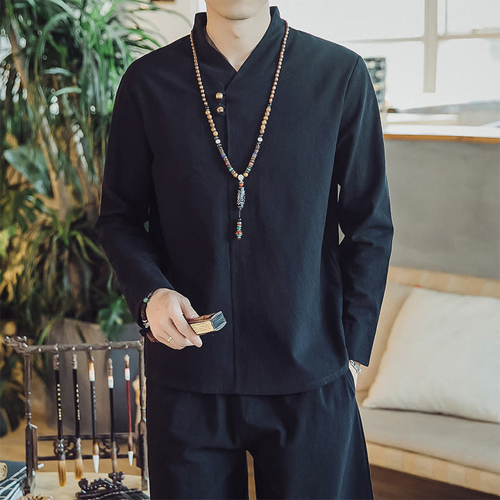 Buddha Stones 2Pcs Shirt Ankle-Length Pants With Pockets Men's Meditation Cloth Set - image 12