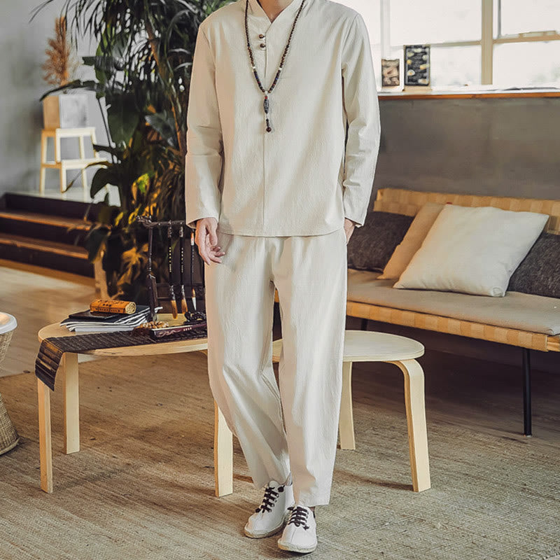 Buddha Stones 2Pcs Shirt Ankle-Length Pants With Pockets Men's Meditation Cloth Set - Beige - US/UK/AU44，EU54 (5XL) - image 0