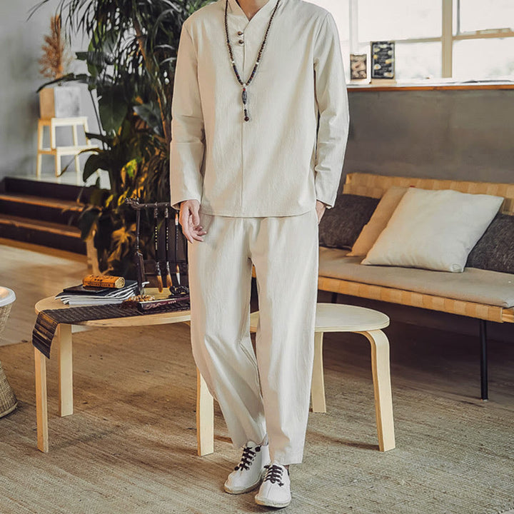 Buddha Stones 2Pcs Shirt Ankle-Length Pants With Pockets Men's Meditation Cloth Set - Beige - US/UK/AU44，EU54 (5XL) - image 0