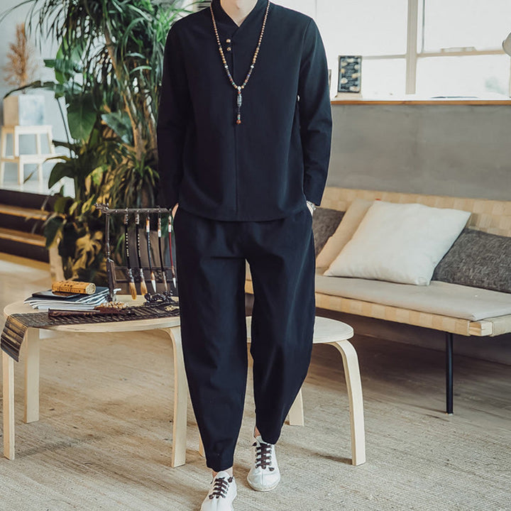 Buddha Stones 2Pcs Shirt Ankle-Length Pants With Pockets Men's Meditation Cloth Set - Black - US/UK/AU44，EU54 (5XL) - image 9