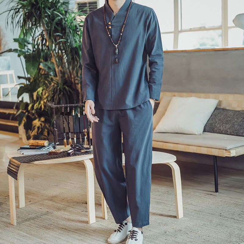 Buddha Stones 2Pcs Shirt Ankle-Length Pants With Pockets Men's Meditation Cloth Set - SteelBlue - US/UK/AU44，EU54 (5XL) - image 34