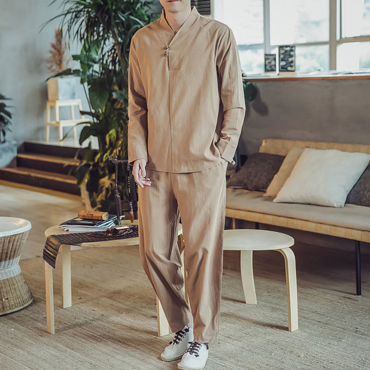 Buddha Stones 2Pcs Shirt Ankle-Length Pants With Pockets Men's Meditation Cloth Set - Tan - US/UK/AU44，EU54 (5XL) - image 26