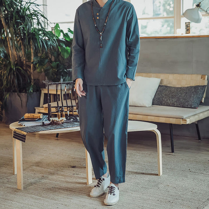 Buddha Stones 2Pcs Shirt Ankle-Length Pants With Pockets Men's Meditation Cloth Set - Teal - US/UK/AU44，EU54 (5XL) - image 18