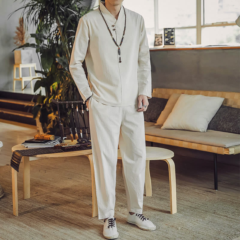 Buddha Stones 2Pcs Shirt Ankle-Length Pants With Pockets Men's Meditation Cloth Set - image 2