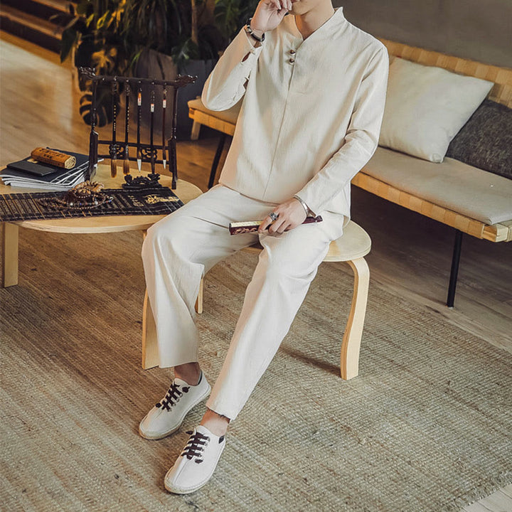 Buddha Stones 2Pcs Shirt Ankle-Length Pants With Pockets Men's Meditation Cloth Set - image 3