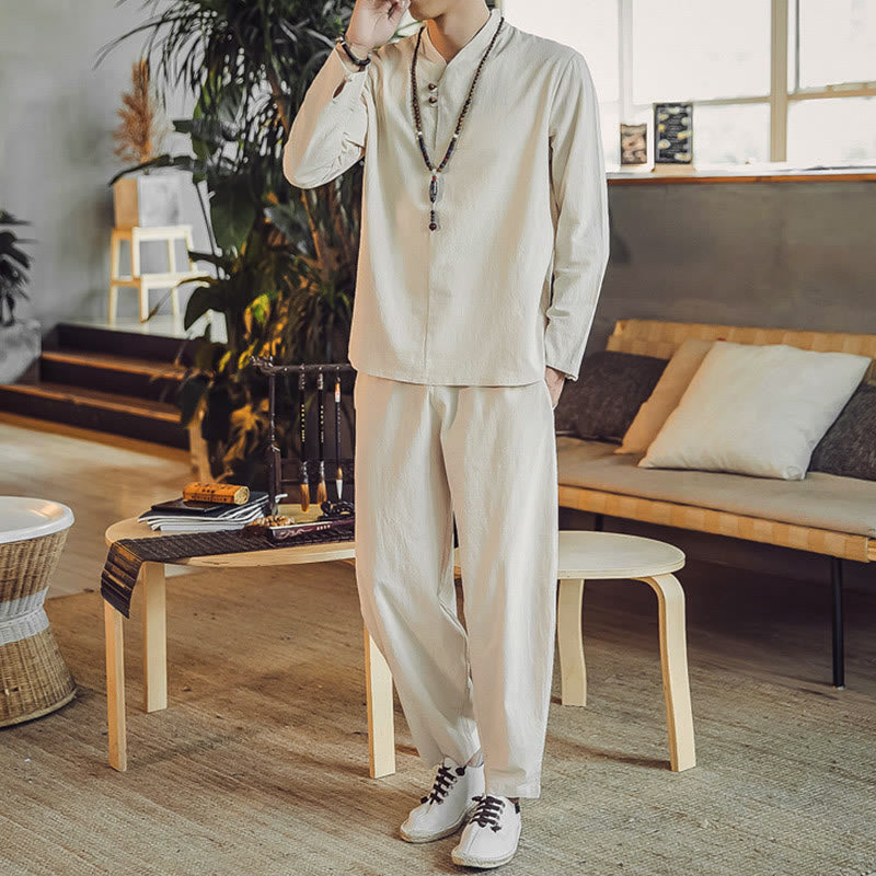 Buddha Stones 2Pcs Shirt Ankle-Length Pants With Pockets Men's Meditation Cloth Set - image 1