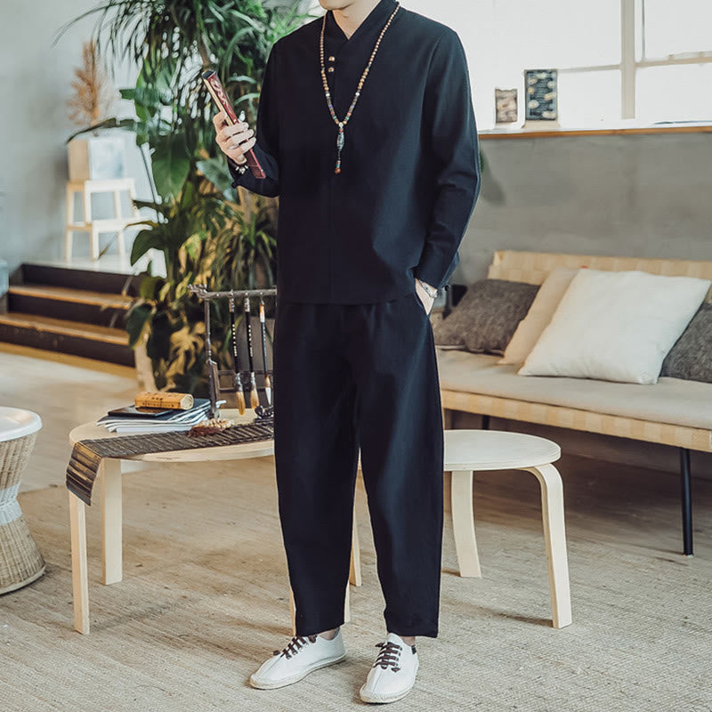 Buddha Stones 2Pcs Shirt Ankle-Length Pants With Pockets Men's Meditation Cloth Set - image 11