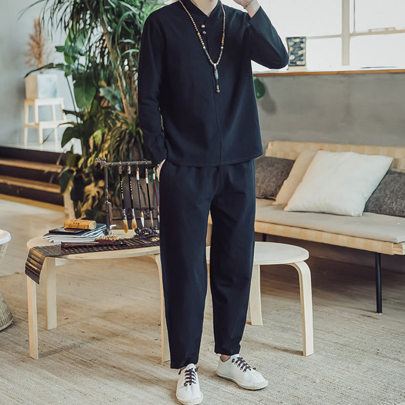 Buddha Stones 2Pcs Shirt Ankle-Length Pants With Pockets Men's Meditation Cloth Set - image 10