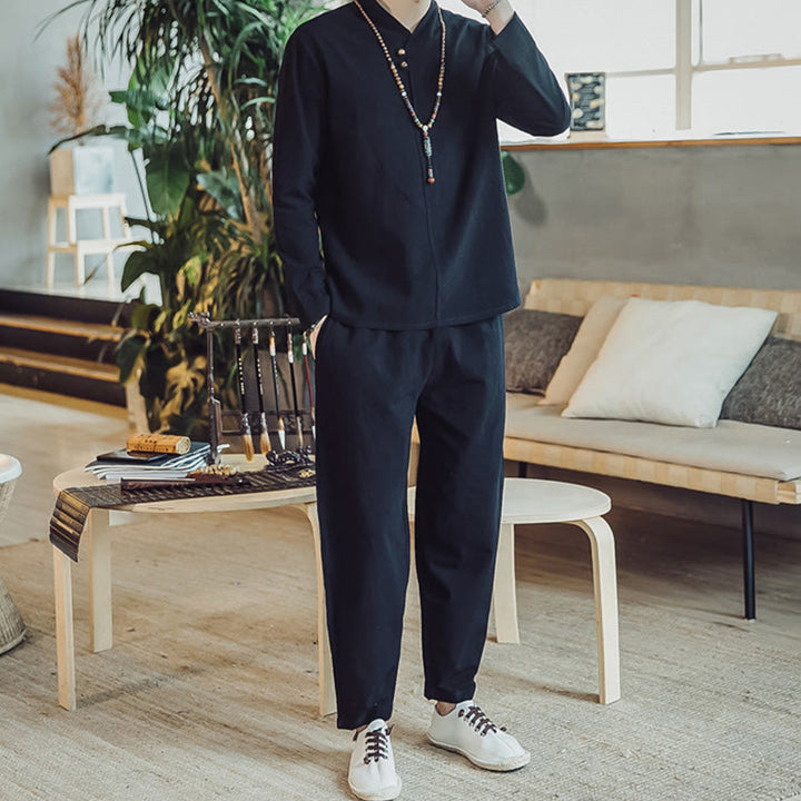 Buddha Stones 2Pcs Shirt Ankle-Length Pants With Pockets Men's Meditation Cloth Set - image 10