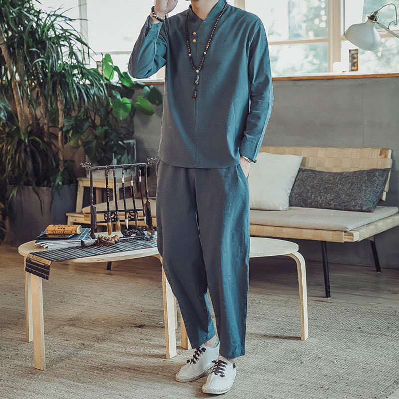 Buddha Stones 2Pcs Shirt Ankle-Length Pants With Pockets Men's Meditation Cloth Set - image 21