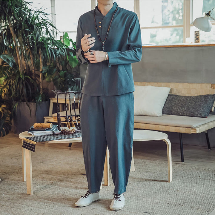 Buddha Stones 2Pcs Shirt Ankle-Length Pants With Pockets Men's Meditation Cloth Set - image 20